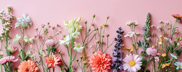 Flowers flat lay with copyspace in pastel colors