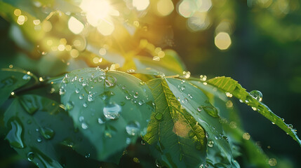 Fresh Green Leaf Macro with Dewdrops and sun raise - obrazy, fototapety, plakaty