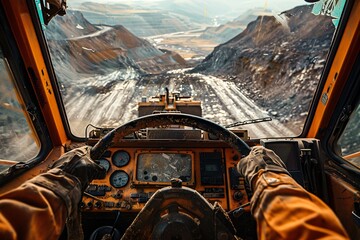 Point of view as a labor driving a excavator with the visibilty of interior and mountain gold site