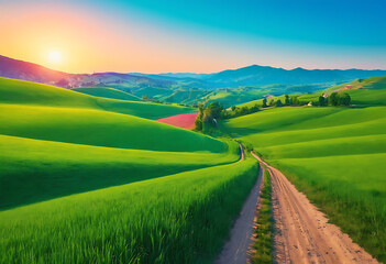 Fototapeta premium beautiful summer fields landscape with a dawn, green hills, bright color blue sky, country background