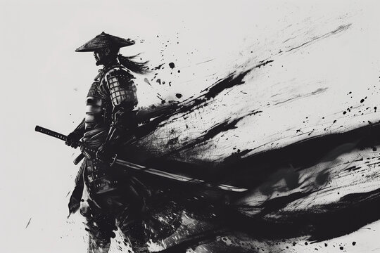 Ink-Brush Samurai Stance. An artistic monochrome ink-brush illustration of a samurai in full armor, poised and looking into the distance with his sword at the ready.