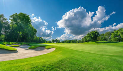 Obraz premium Pristine Golf Course Greens. The serene beauty of a lush green golf course with manicured lawns and sand bunkers, set against a vibrant blue sky dotted with fluffy clouds.