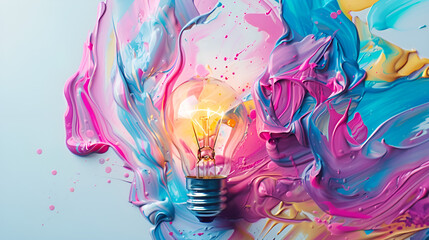 Illustration of colorful bulb with splash of colors on black background creativity eureka imagination inspiration - obrazy, fototapety, plakaty