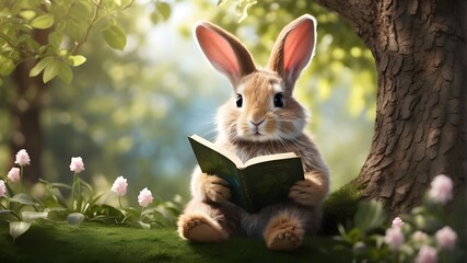 rabbit in the garden reading a book under the tree, 