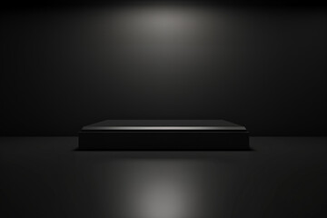 Minimalist Black Podium on Dark Background. Sleek black pedestal showcase with spotlight, ideal for product display.