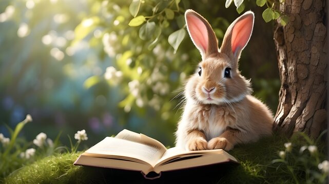 easter bunny with book, "An adorable Easter bunny sitting under a lush tree, engrossed in reading a book. The bunny is depicted with realistic fur and expressive eyes, while the tree provides a serene