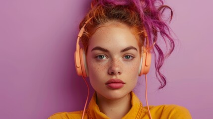 Naklejka premium Trendy young woman with purple hair and headphones on a purple background