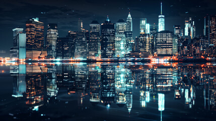 Fototapeta na wymiar New York City Skyline at Night. A panoramic view of the New York City skyline at night, with twinkling lights reflecting off the water, showcasing urban beauty and architecture.