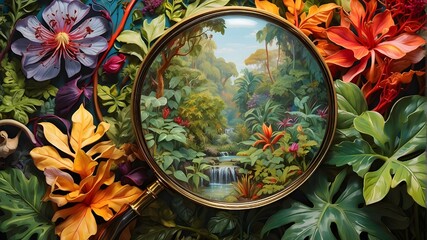 "A captivating artistic rendition of phytology studies, with a magnifying lens placed against a vivid background of lush foliage and natural elements. The scene exudes a sense of wonder and exploratio