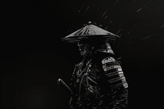 Silhouette of a Samurai Warrior. Minimalist black and white artwork of a samurai in full armor.