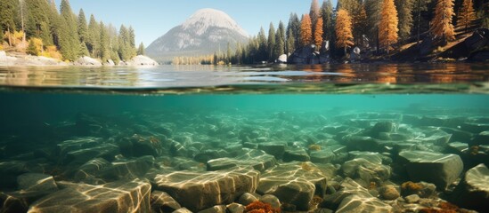 A serene natural landscape with half underwater view of a lake, showcasing the reflection of a majestic mountain under the clear sky