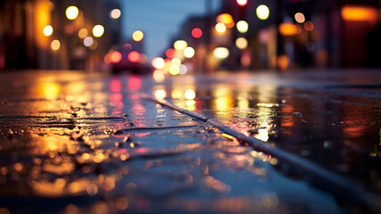 Wet night city street rain Bokeh reflection bright road