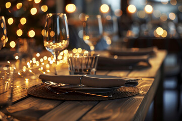 Warmth of a Festive Table Ambiance. An inviting table setting, enhanced by the soft bokeh of warm lights, creates a sophisticated atmosphere perfect for a special evening. - obrazy, fototapety, plakaty