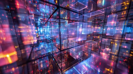 Naklejka premium Quantum Computing Network In A Cyber City An Abstract 3d Digital Wallpaper Background.