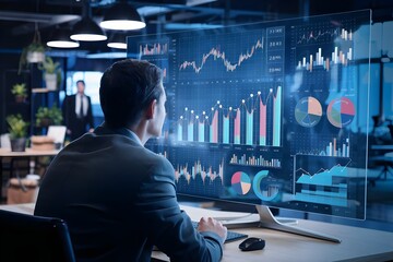 Person looking analytics graph on biggest screen in modren office