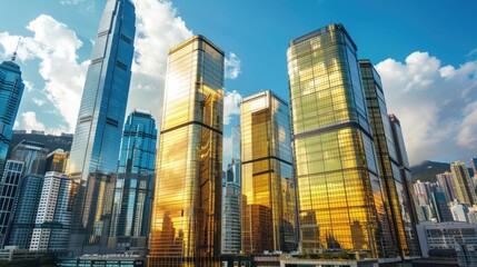 Obraz premium Reflective glass skyscrapers under blue sky. Modern architecture and urban development concept