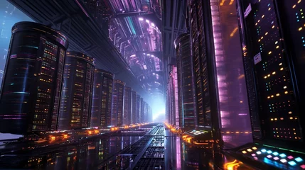 Zelfklevend Fotobehang A Futuristic Skyscraper Cityscape At Night.  © PhornpimonNutiprapun