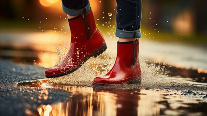 Woman with red rubber boots jumping in puddle red