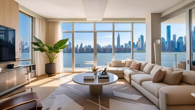 A living-room in the house with the view on the bay in a city with skyscrapers