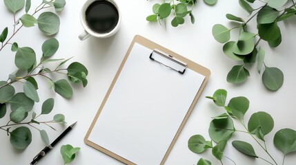 Top view office workspace with eucalyptus leaves, clipboard, and coffee cup on white background - flat lay concept for ideas, notes, or planning