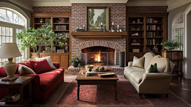 Family room with brick fireplace decor