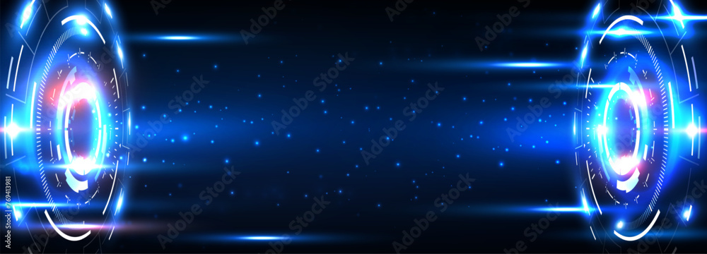 Wall mural portals and hologram science futuristic technology. sci-fi digital hi-tech in glowing hud projector.