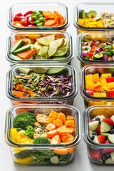 Assortment of colorful fresh vegetables and fruits in meal prep containers.