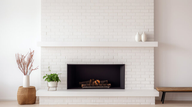 Fireplace on white brick wall in bright empty living modern