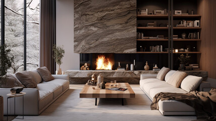 Interior of modern room with fireplace table