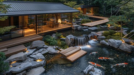 Modern Japanese House with Koi Pond at Dusk