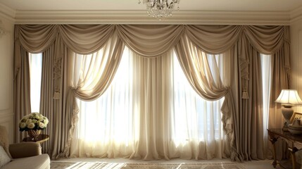 Elegant curtains draped on window with sheer white curtains in the background.