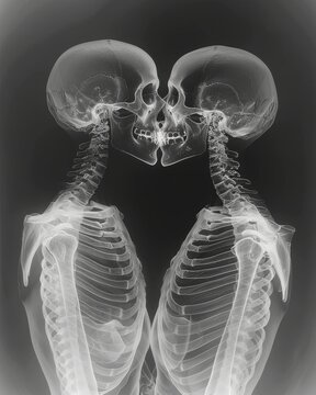 The image is a black and white photo of two skeletons with their heads touching