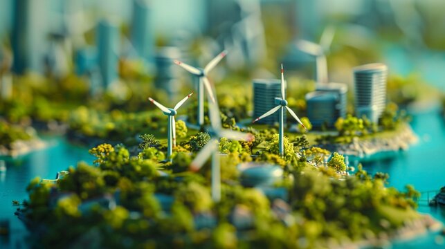 Miniature Green City Island Model with Wind Turbines - Sustainable Energy Concept
