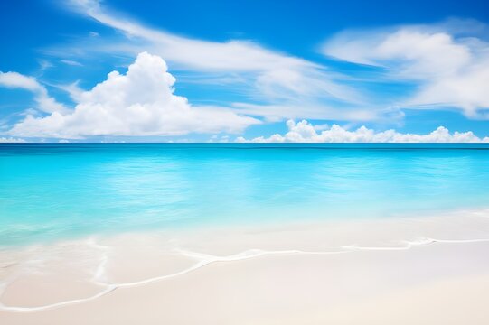 Sunny Coastal Haven: Beautiful Sandy Beach, Calm Turquoise Ocean Waves, and Blue Sky Panorama