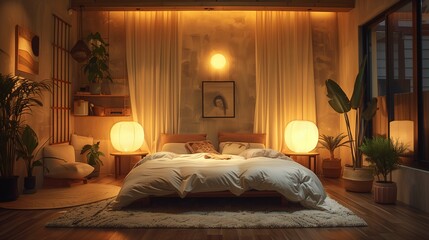 Cozy Modern Bedroom Interior at Night with Warm Lighting