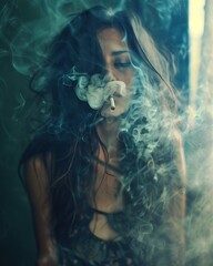 Portrait of a beautiful woman with smoke in air, studio shot