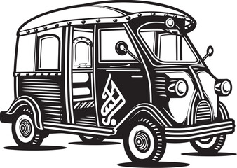 Street Mover Tuk Tuk Rickshaw with Striking Black Vector Downtown Explorer Black Emblem on Tuk Tuk Rickshaw