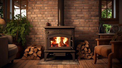 Obraz premium Wood Burning Stove in a Brick Fireplace fireplace