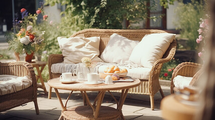 Beige color wicker table and settee on a porch afternoon