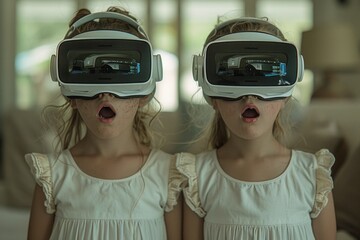 Two girls, adolescents, experiencing virtual reality using headsets in modern living room setting.