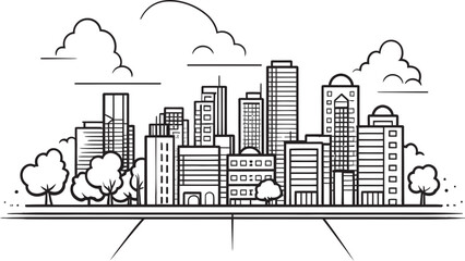 Downtown Outline Profile Urban Landscape in Black Vector City Outline Sketch Black Logo Design Icon