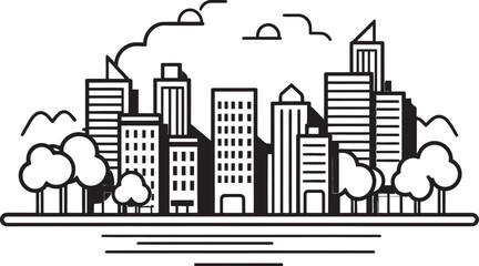 Metropolitan Landscape Sketch Black Logo Design Icon Downtown Skyline Outline Outline Style with Black Vector