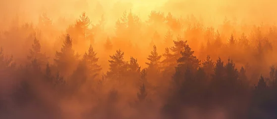 Badkamer foto achterwand A foggy forest scene at dawn, with the colors of the sunrise casting a splendid gradient of oranges and yellows through the mist, captured in high-definition to showcase its mesmerizing vibrancy. © M-T