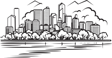Downtown Horizon Sketch Black Logo Design Icon Urban Landscape Silhouette Black Vector Emblem