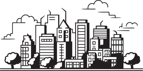 Obraz premium Metropolitan Horizon Outline Style View with Black Icon Downtown Cityscape Black Vector Logo in Outline