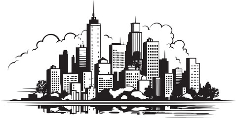 Obraz premium Metropolitan Skyline Sketch Black Vector Emblem Urban Landscape Silhouette Black Logo Design Icon