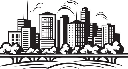 Obraz premium Downtown Skyline Sketch Black Logo Design Icon Urban Landscape View Black Vector Emblem