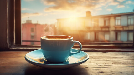 Obraz premium Good morning Cup on the window with sun morning sun