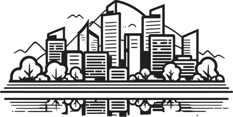 Fototapeta premium City Horizon Sketch Black Vector Outline Icon Urban Outline View Black Logo Design Emblem