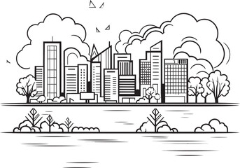 Obraz premium Downtown Landscape Sketch Black Logo Design Icon Cityscape Outline Black Vector Logo Design Icon